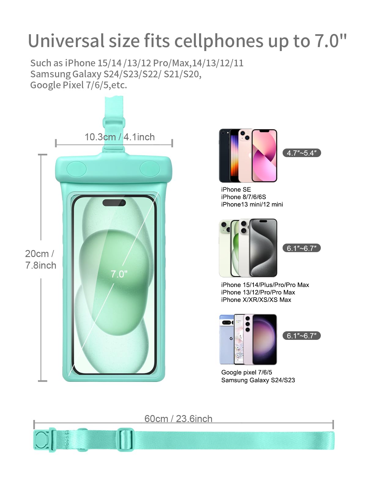 Estuche impermeable para teléfono, funda impermeable para iPhone 16 15 14 13 Pro Max XS Samsung, bolsa seca para teléfono celular IPX8 3D, artículos esenciales para la playa - Earl Crystal Mint