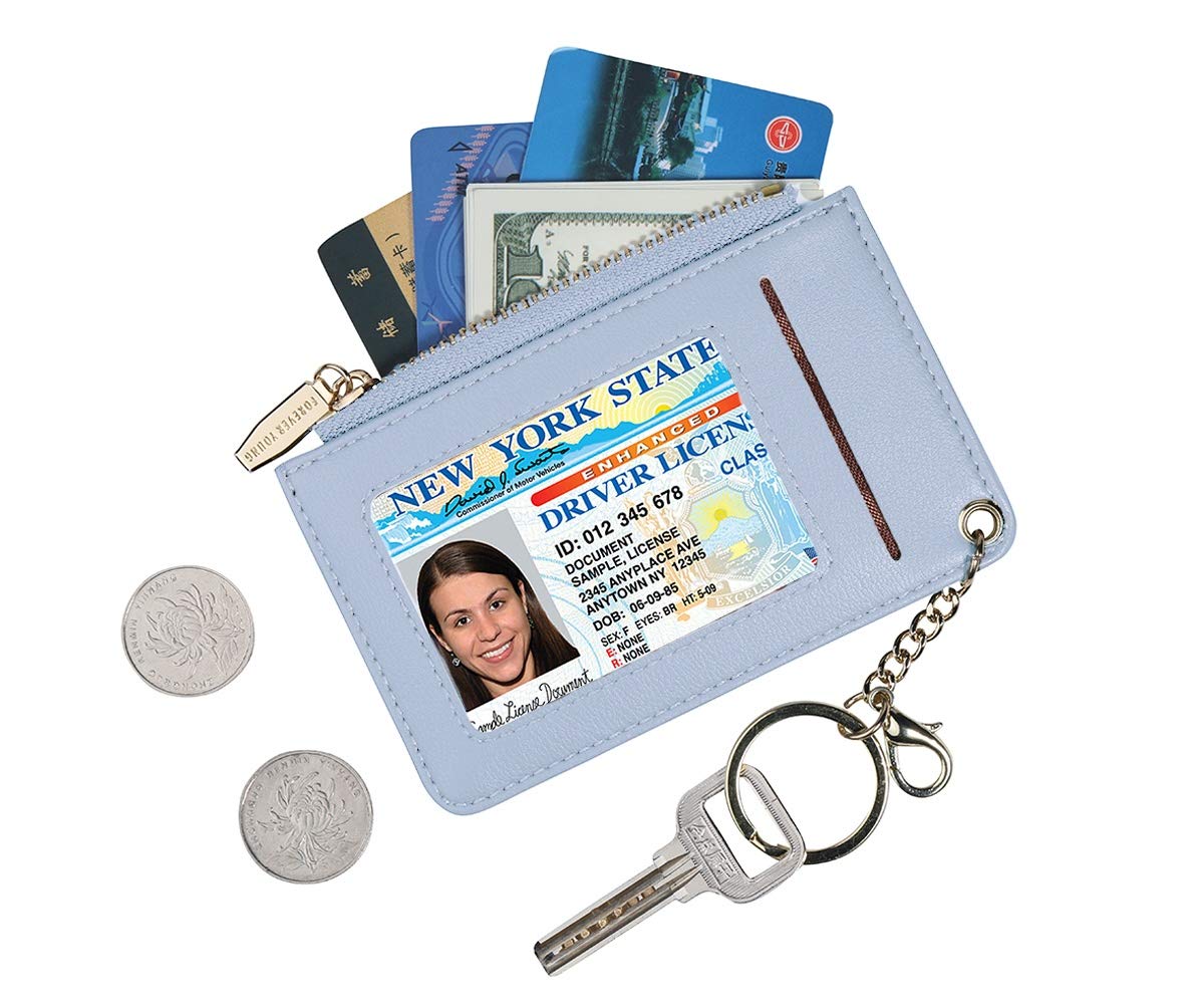 Small Wallets for Women Slim Leather Card Case Holder Wallet Coin Change Purse with Keychain (Blue)