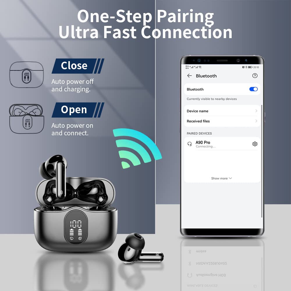 Écouteurs sans fil, écouteurs Bluetooth 5.3, stéréo basse, écouteurs avec micro antibruit, affichage LED, écouteurs intra-auriculaires étanches IP7, 36 heures de lecture pour ordinateur portable, tablette, téléphones, entraînement sportif, noir