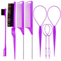 ZVOREL 8Pcs Hair Brushes Set with 4Pcs Topsy Hair Tail Tools 1Pcs Bristle Teasing Hair Brush 1Pcs Edge Control Brush 2Pcs Metal Pin Rat Tail Combs for purple