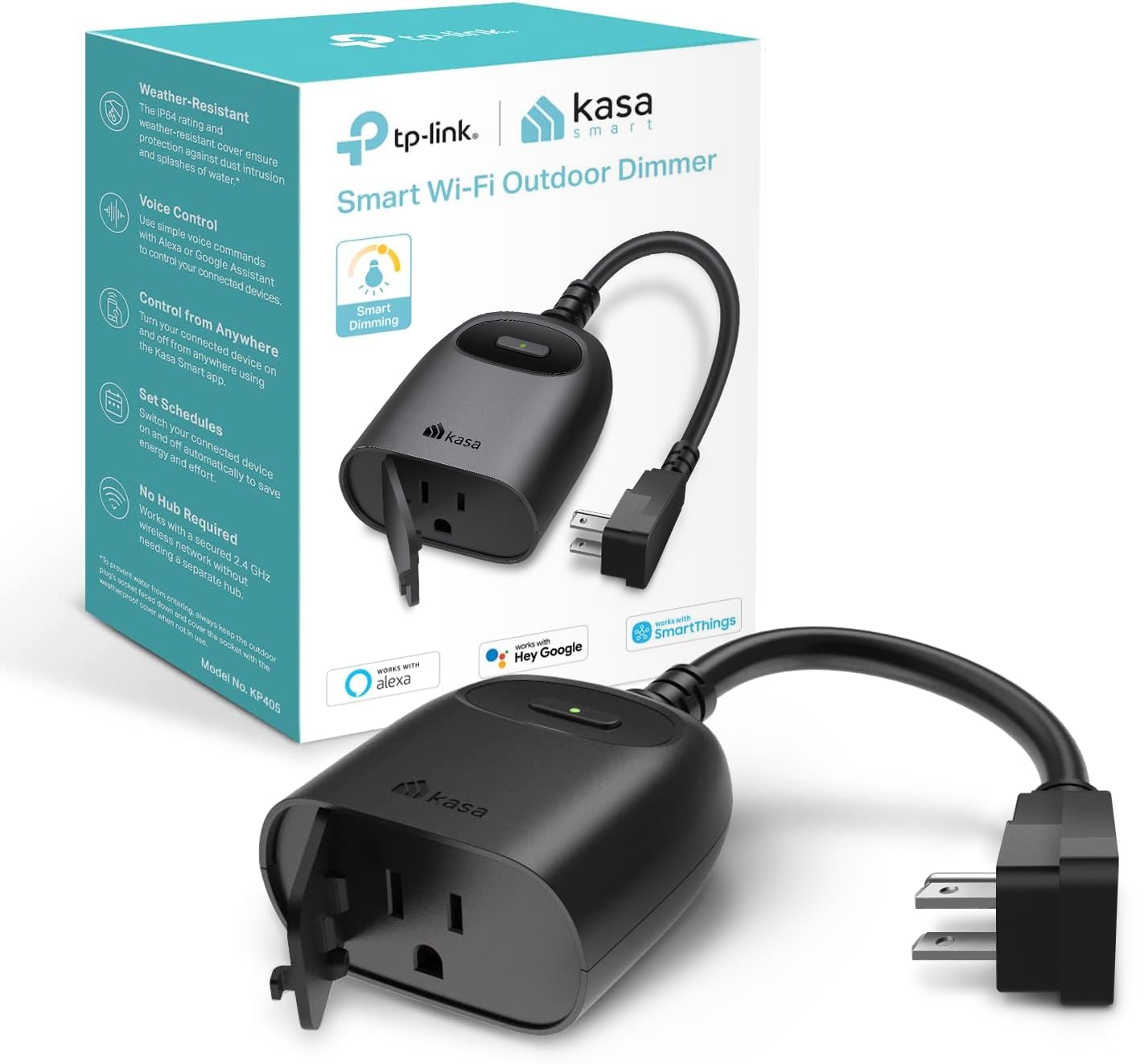 Prise variateur intelligente d'extérieur Kasa, variateur enfichable IP64 pour guirlandes lumineuses extérieures, compatible avec Alexa, Google Assistant et SmartThings, longue portée Wi-Fi 2,4 GHz, aucun hub requis, certifié ETL (KP405)