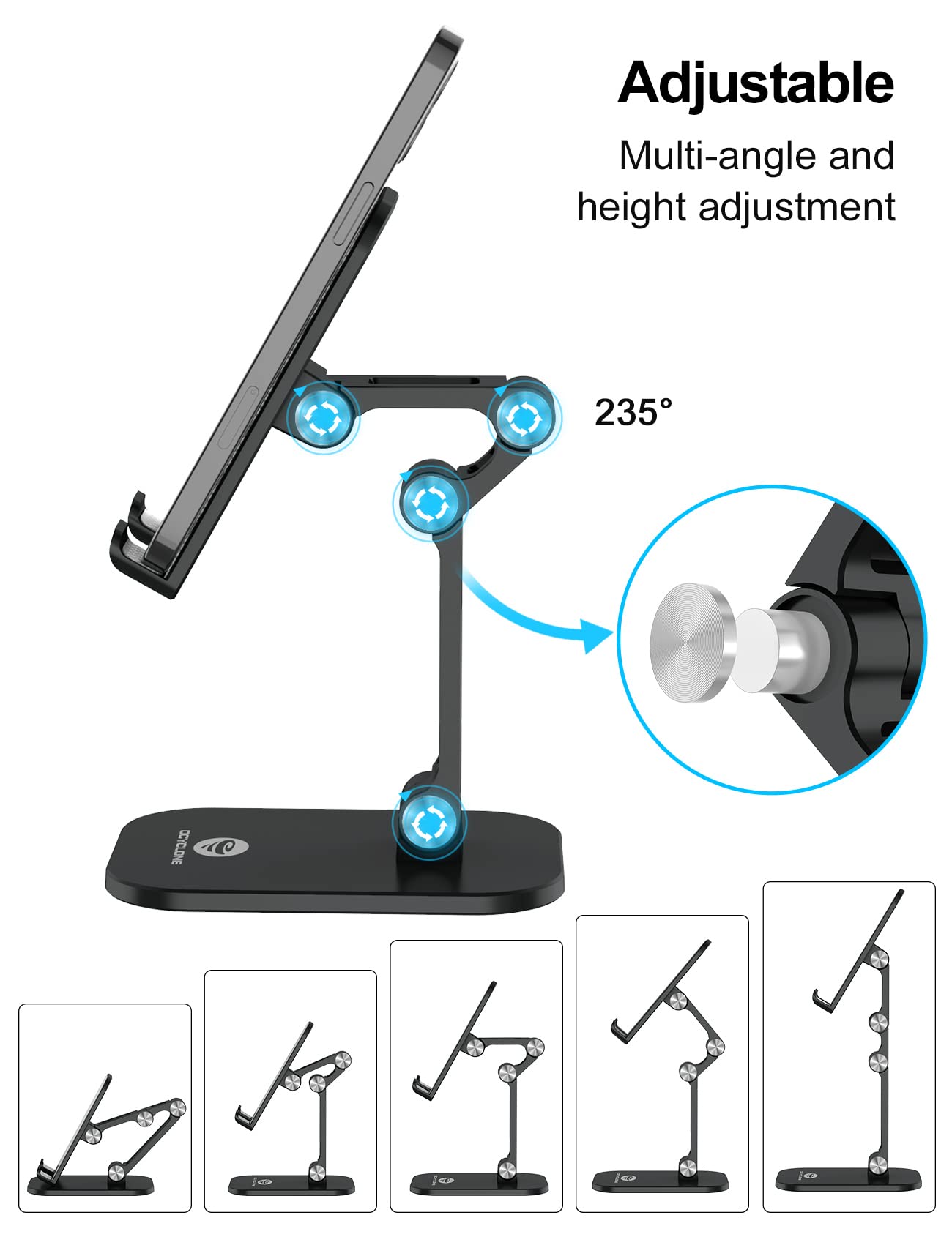 OCYCLONE Phone Stand, Adjustable Height and Angle Foldable Cell Phone Stand Holder for Desk, Taller iPhone Stand Compatible with 4-11 inch Smartphones iPad Tablet, Black