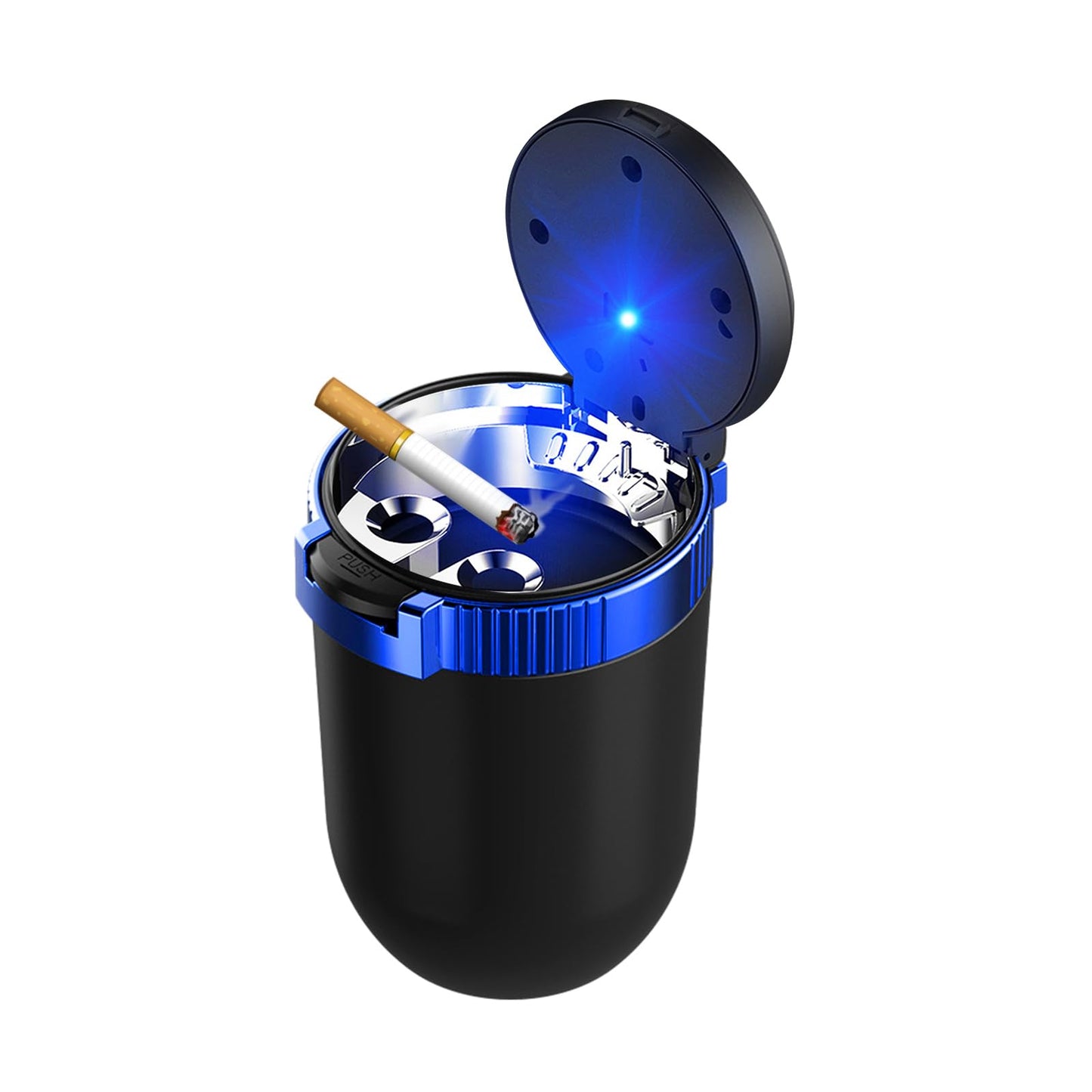 Cendrier de voiture Dickno avec couvercle, cendrier automatique amovible sans fumée en acier inoxydable, mini poubelle de véhicule portable avec lumière LED bleue, accessoires intérieurs universels pour porte-gobelet (bleu, 1 pièce)