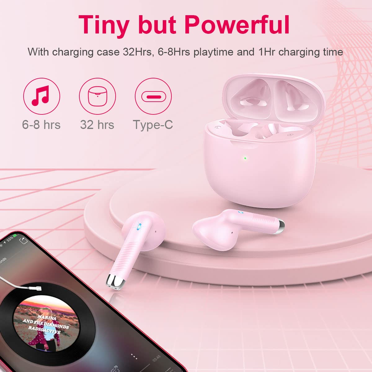 Wireless Earbuds, Bluetooth 5.4 Headphones in Ear with Noise Cancelling Mic, Bluetooth Earbuds Stereo Bass, IP7 Waterproof Sports Earphones, 32H Playtime USB C Charging Ear Buds Pink for Android iOS