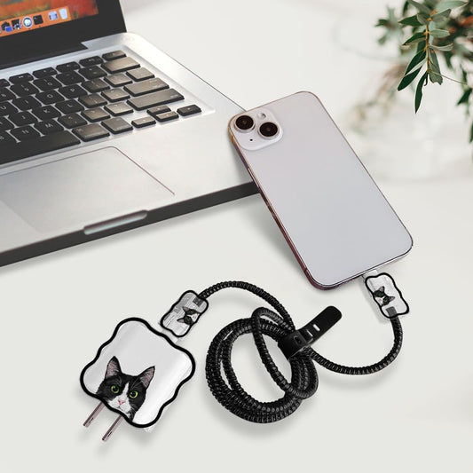 WIRESTER Cable Charger Cover Set (5 in 1) for 18W/20W USB-C Charger Cable, Data Line Saver Cable Case Protector Compatible with iPhone 11 12 13 14 15 Pro Max Adapter Charger - Black White Tuxedo Cat