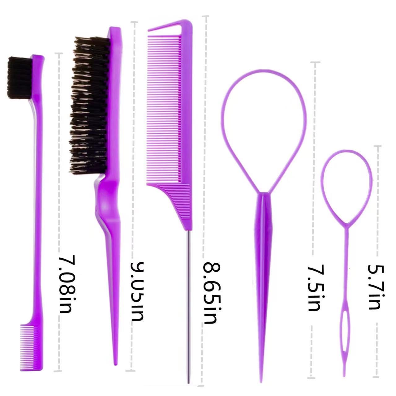 ZVOREL 8Pcs Hair Brushes Set with 4Pcs Topsy Hair Tail Tools 1Pcs Bristle Teasing Hair Brush 1Pcs Edge Control Brush 2Pcs Metal Pin Rat Tail Combs for purple