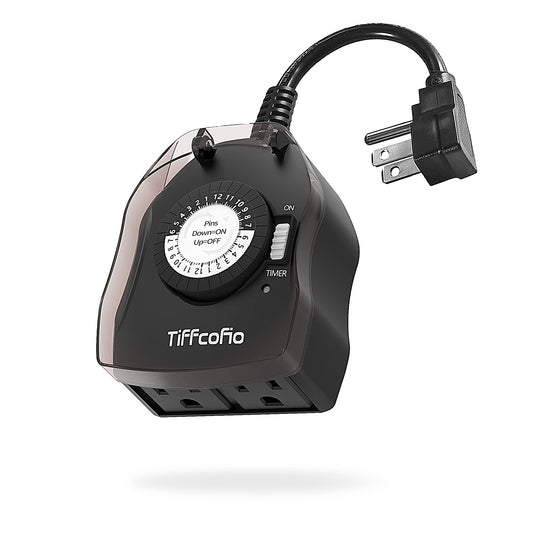 TiFFCOFiO Outdoor Timer Outlet, 24 Hour Mechanical Outdoor Timer for Pool Pump, Outdoor Light Timer Waterproof, 2 Grounded Outlets for Home and Garden, 15A 1/2HP, Heavy Duty, CSA Listed (1 Pack)