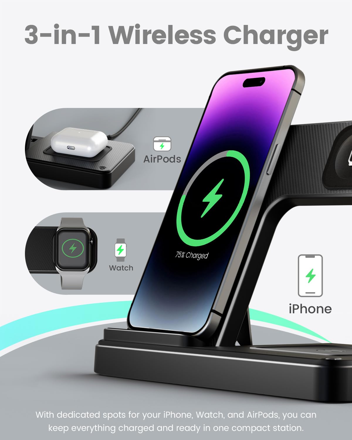 Wireless Charger iPhone Charging Station: 3 in 1 Charger Stand Multiple Devices for Apple - iPhone 16 15 14 Pro Max 13 12 11 - Watch 10 9 8 7 6 5 4 3 2 SE and Ultra Series - Airpods 4 3 2 Pro