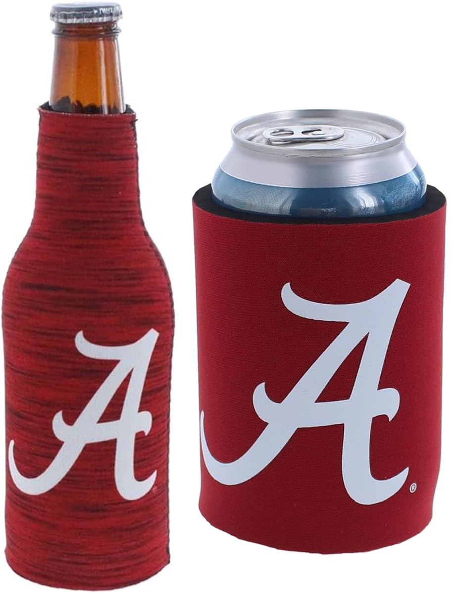 College Team Color Logo Can & Bottle Holder Insulator Beverage Cooler Set (Alabama Crimson Tide - Dynamic)