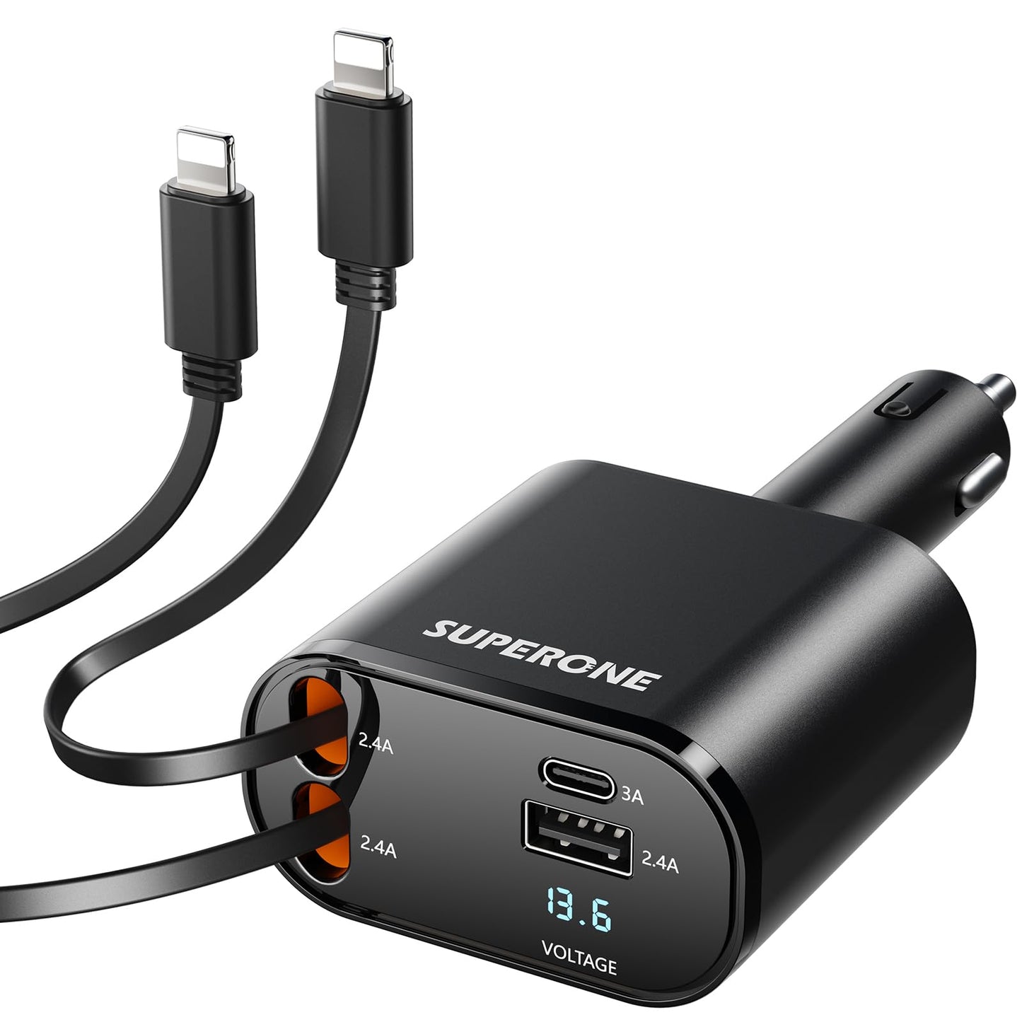 SUPERONE 4-in-1 Car Charger with Retractable Apple Cords, USB C Charger Car Adapter Compatible with iPhone 15/14/13/12/11 Pro Max Samsung Android Phones