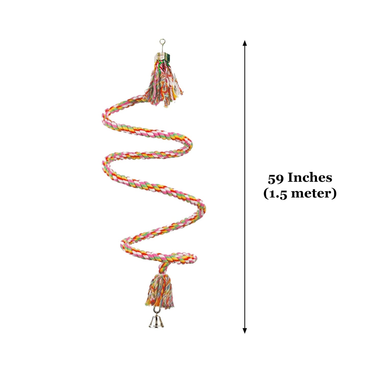 SunGrow Rope Perch for Parrots, 59” Long, Bungee Bird Toy, Brightly Colored Handmade Chew Toy, Spiral Design with Jingling Bell