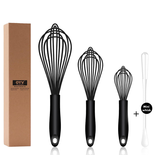 OYV Dishwasher Safe Silicone Whisk, Sealed Waterproof Design Set of 3, Professional Kitchen Whisks for Cooking Non-Scratch, Silicone & Stainless Steel Whisk, Heat Resistant Balloon Egg Beater, Black