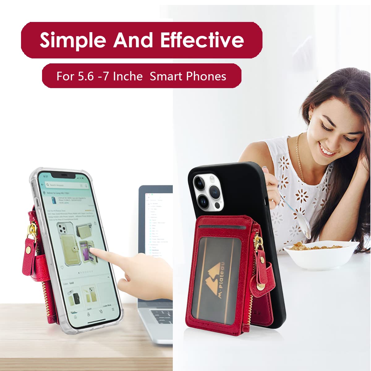 M-Plateau Card Holder for Phone Case Button Closure Phone Wallet for Women with Zipper Coin Purse Have 6 Card Slots and ID Window Suitable for iPhone 14 Plus Case (Red)