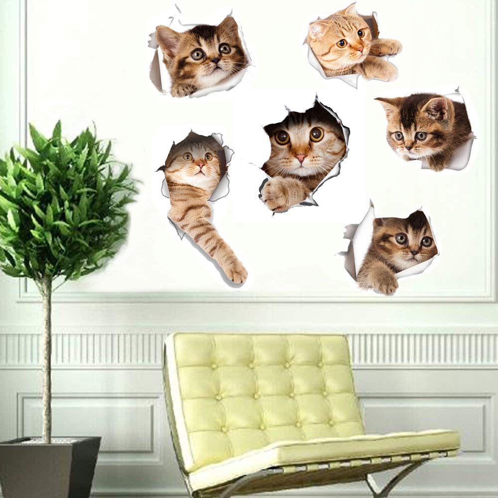 Lot de 6 autocollants muraux 3D en forme de chats, autocollants muraux pour enfants, peintures murales amovibles en vinyle pour salon, chambres de bébé, chambre à coucher, toilettes, maison, décoration murale à faire soi-même