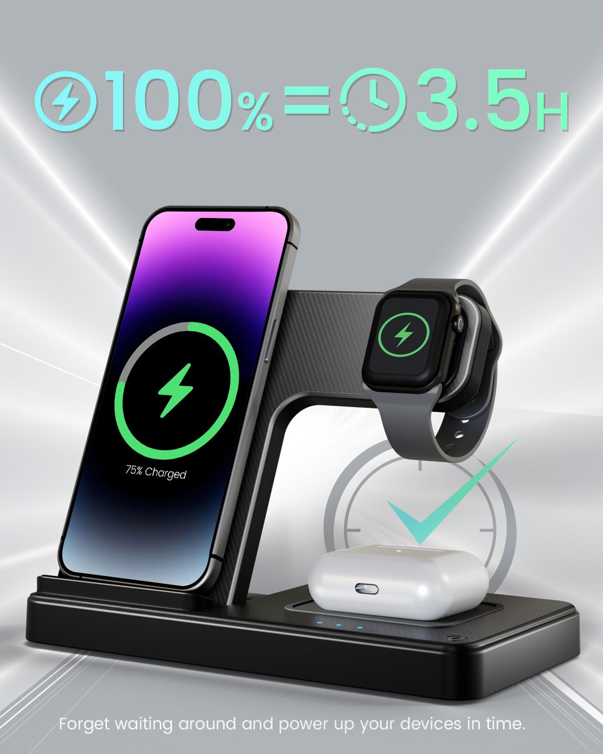 Wireless Charger iPhone Charging Station: 3 in 1 Charger Stand Multiple Devices for Apple - iPhone 16 15 14 Pro Max 13 12 11 - Watch 10 9 8 7 6 5 4 3 2 SE and Ultra Series - Airpods 4 3 2 Pro