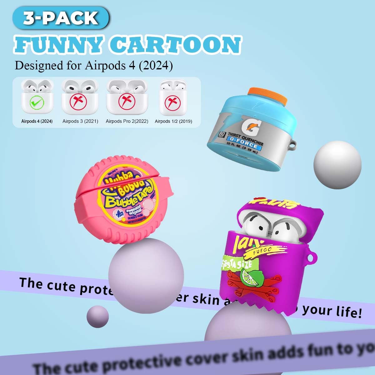 [3Pack] Food Case for Airpods 4 (2024), Cute Airpods 4 Case Funny 3D Cartoon Silicone Cover for Airpods 4 Cute Case with Cleaner Pen/Keychain for Girls Boys (Sport Water & Purple Potato & Bubble Gum)