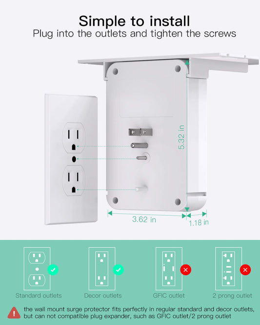 Wall Outlet Extender with Surge Protector, 6 AC Outlets, Shelf, 2 USB & USB C Charging Ports - Home & Dorm Plug Expander