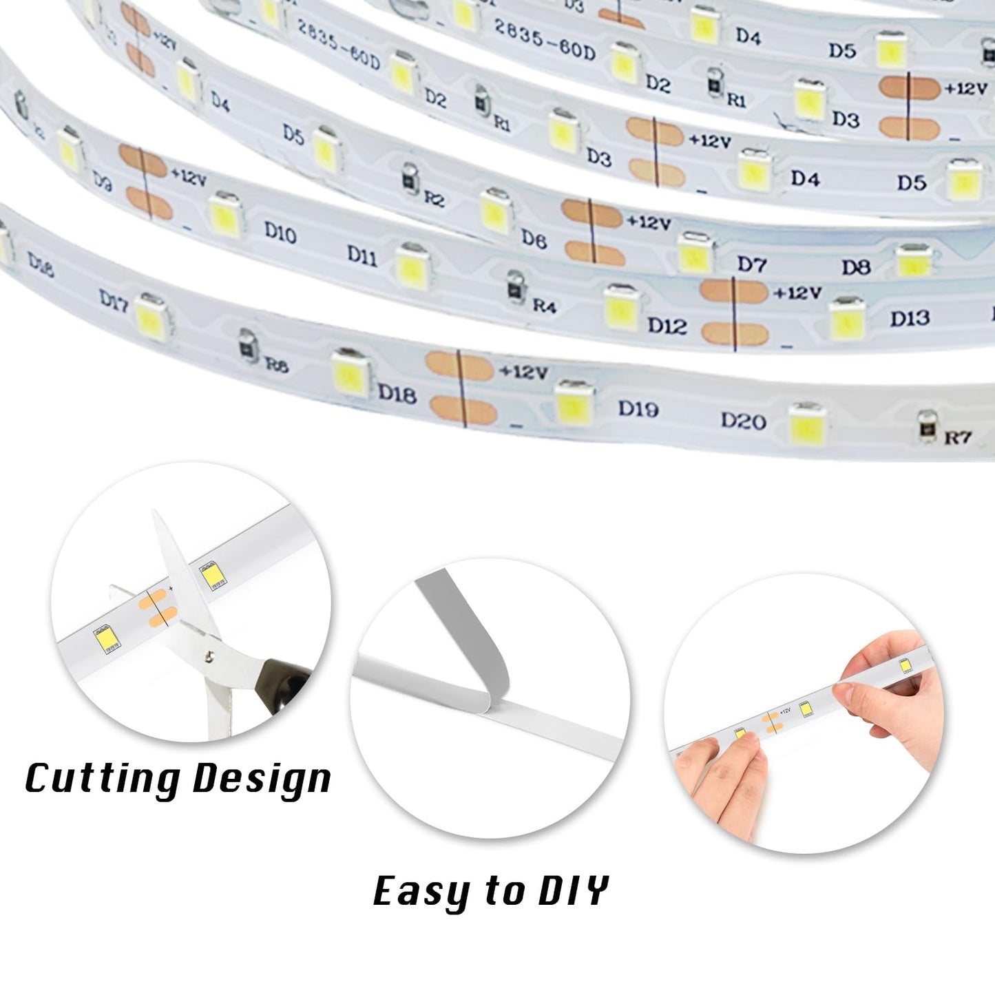 dalattin White LED Strip Lights, 20ft Dimmable Super Bright 24V Led Tape Light 6500K 360 LEDs Lights for Bedrooms, Mirror, Kitchen, Home Decoration Daylight White