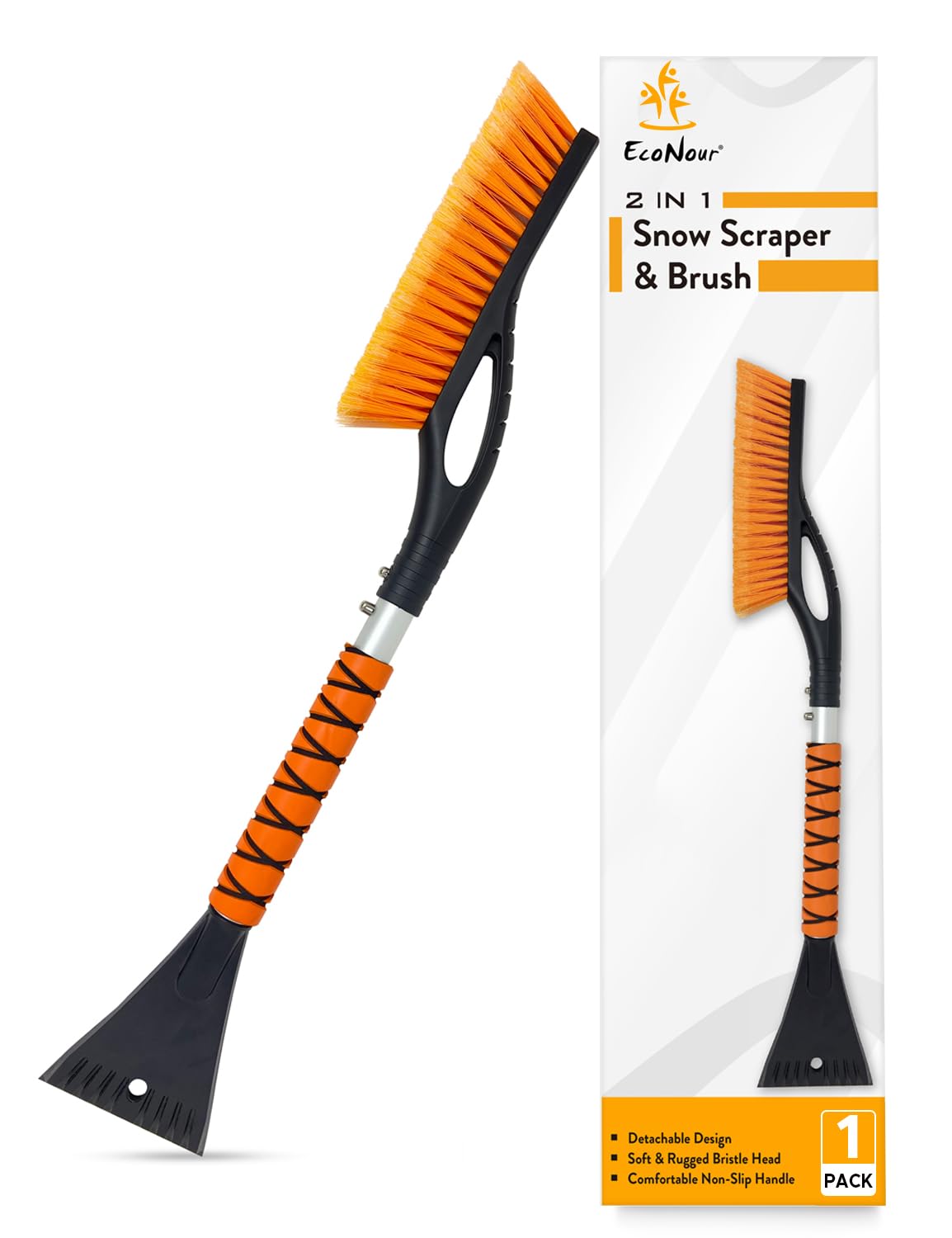 EcoNour 27" Aluminum Snow Brush with Ice Scrapers for Car Windshield and Window | Car Snow Scraper and Brush with Ergonomic Foam Grip Winter Accessories (Orange)