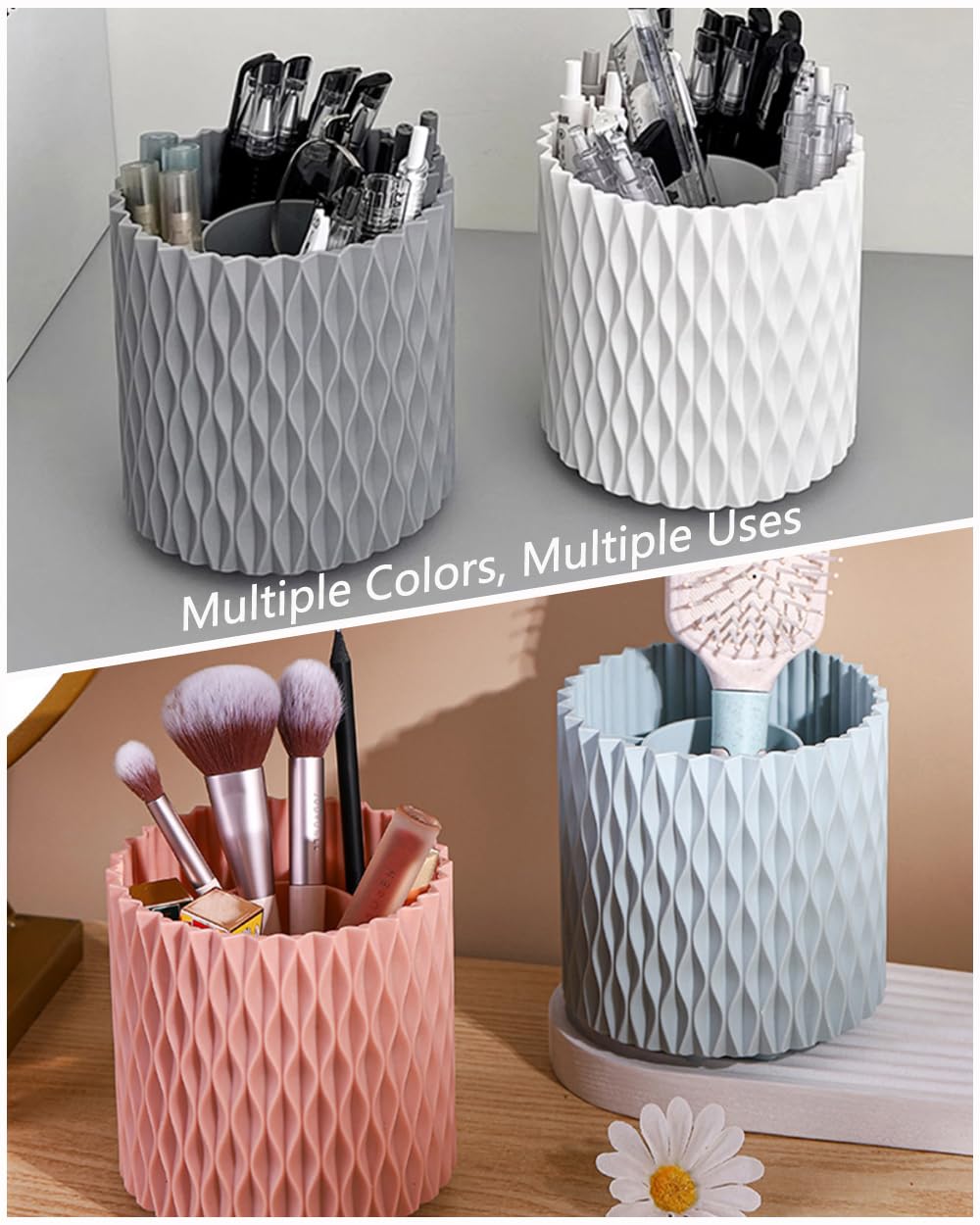 Lebenrich Pot à crayons rotatif pour bureau, 5 emplacements, organiseur de bureau unique blanc, fournitures et accessoires de bureau esthétiques pour femmes et filles, pot à crayons pour fournitures artistiques de bureau et de maison