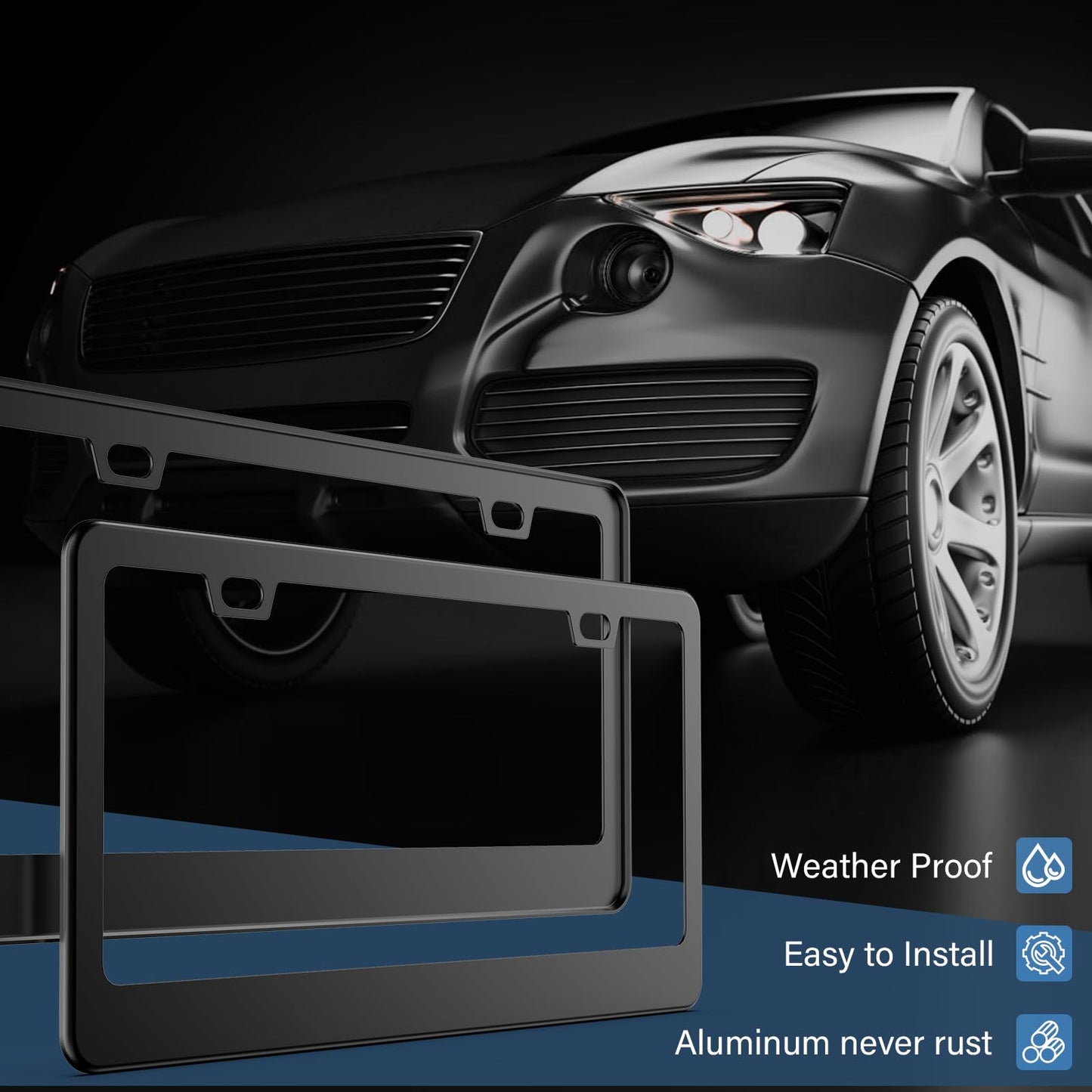 Cadres de plaque d'immatriculation noirs de qualité supérieure Odujzem, lot de 2 cadres universels en aluminium pour plaques d'immatriculation avant et arrière de voiture, aluminium solide antirouille avec bouchons à vis