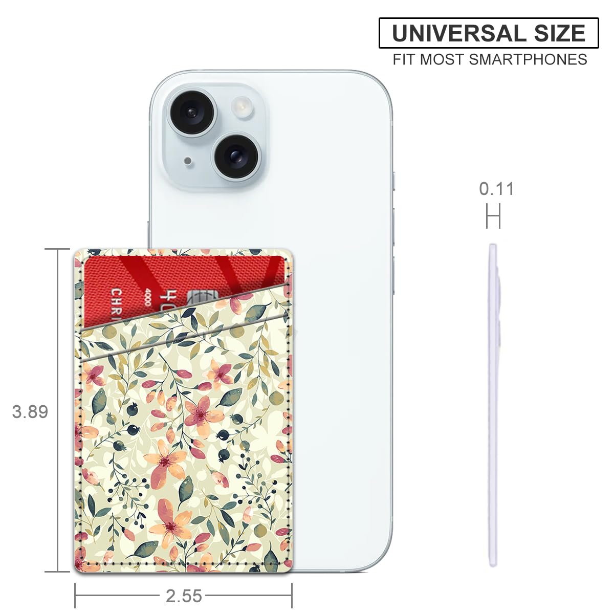 AFPRNK Card Holder for Phone Case, Phone Card Holder Leather, Dual Pocket Phone Wallet Stick On for iPhone, Android Cell Phone - Boho Flower