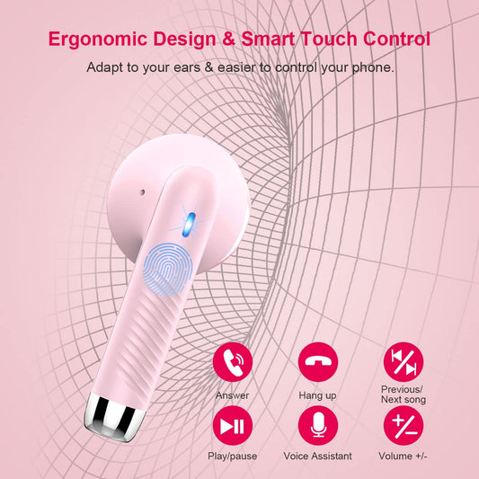 Wireless Earbuds, Bluetooth 5.4 Headphones in Ear with Noise Cancelling Mic, Bluetooth Earbuds Stereo Bass, IP7 Waterproof Sports Earphones, 32H Playtime USB C Charging Ear Buds Pink for Android iOS