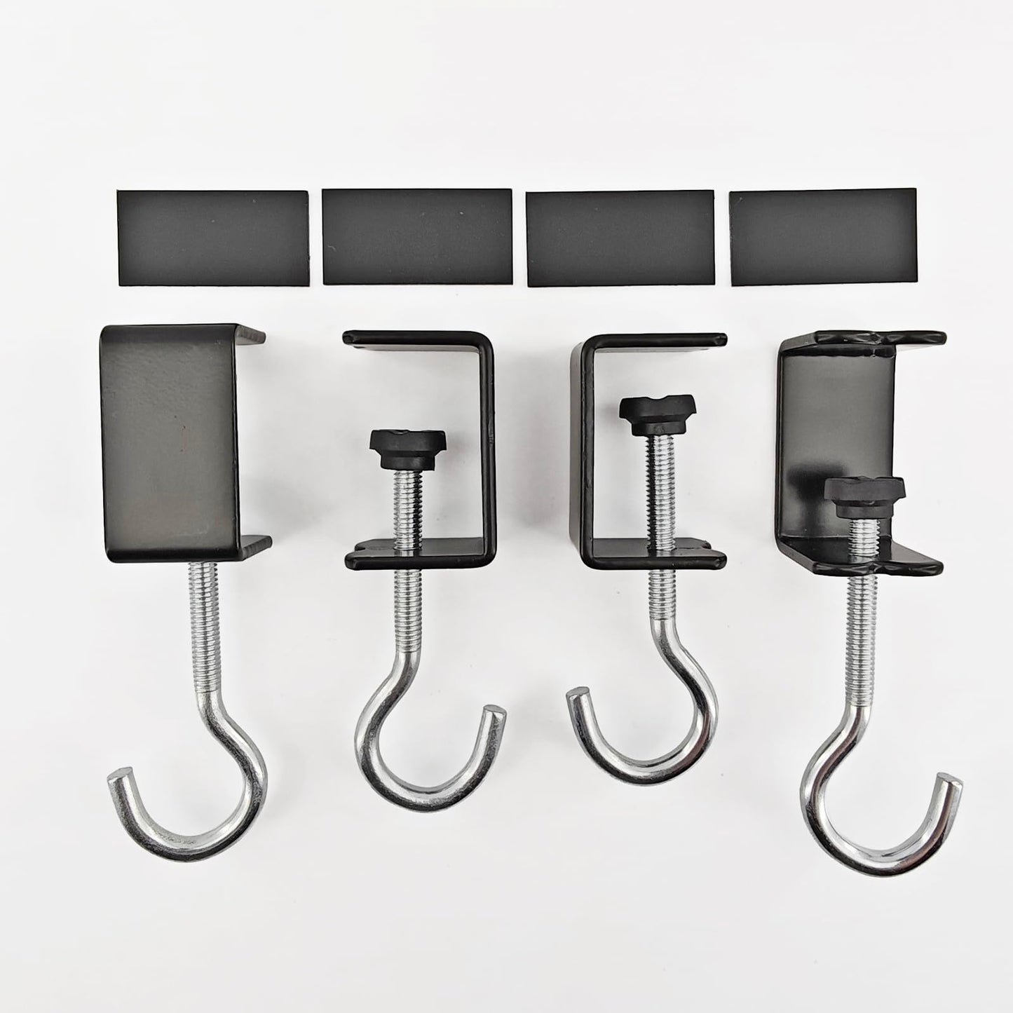 YEMCHI 4 Pack Desk Hanging Bag Holder J Clamp Hooks Metal Backpack Hanger Black Industrial, Women's Handbag Purse Hangers, Tables Banner Clips, Adjustable Shelf Hook Reduces Desk Clutter (Black)