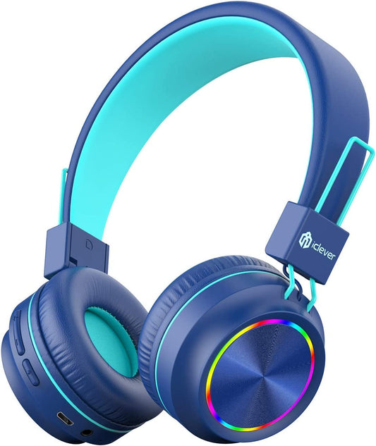 iClever BTH03 Kids Bluetooth Headphones, Colorful LED Lights, 35H Playtime, Bluetooth 5.4, Type C Fast Charging, Safe Volume, Stereo Sound Mic, On Ear Kids Wireless Headphones for iPad Airplane, Blue