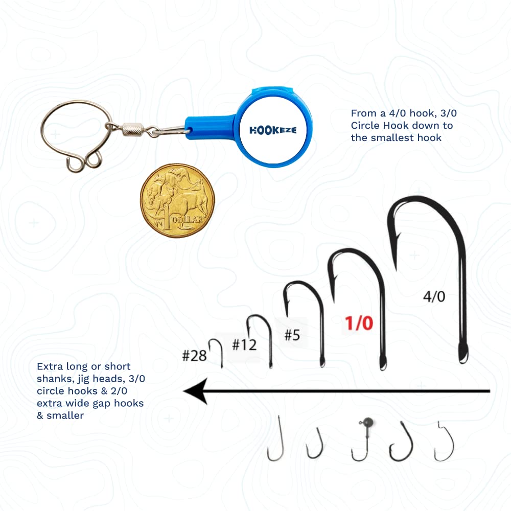 Herramienta para hacer nudos de pesca HOOK-EZE 2X, tamaño estándar - Dispositivo de seguridad y cortador de línea - Accesorios de pesca multifuncionales - Cubre anzuelos completamente armados - Azul