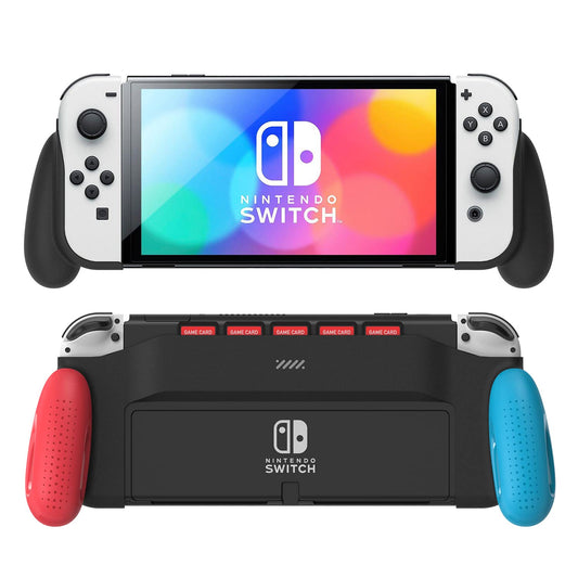 Estuche MEQI Grip compatible con Nintendo Switch OLED, diseño único mejorado con 5 ranuras para juegos, agarre cómodo y ergonómico, accesorios para Switch