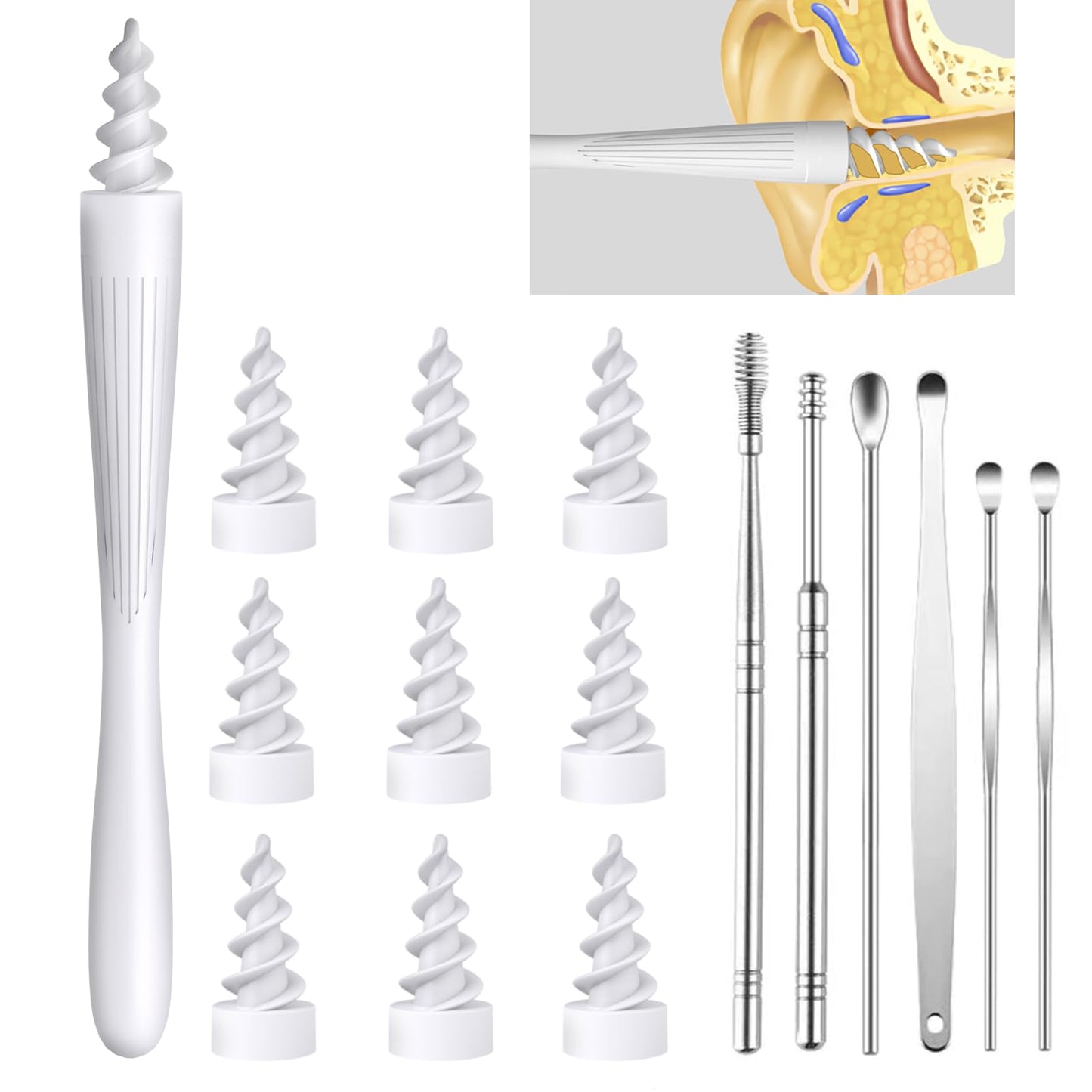 7 in 1 Q-Grips Ear Wax Removal, Ear Wax Removal Tool Reusable and Washable Replacement Soft Silicone Tips for Cleaner Earwax, Ear Wax Removal Kit Contains 3 Types of Ear Cleaner Tools (White)