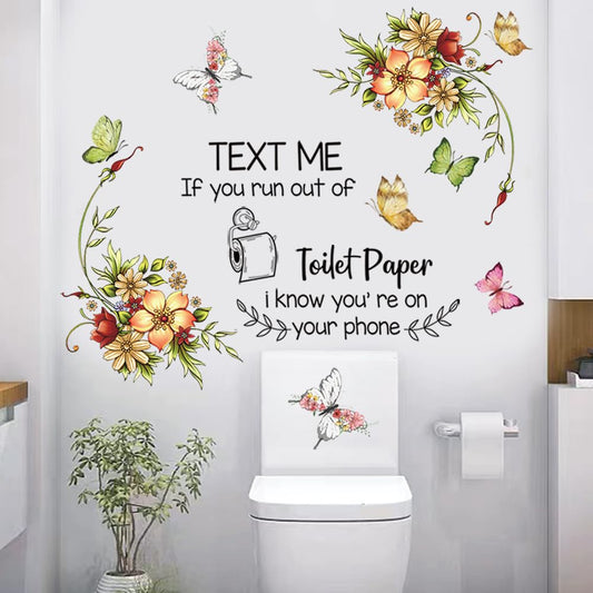 Wall Decals Toilet Theme PVC Wall Sticker Toilet Paper Pattern Vinyl Wall Art Wall Decal Text Me If You Run Out of Toilet Paper Warm Reminder Words Wall Decor for Toilet Tips Home Decor. (Color1)