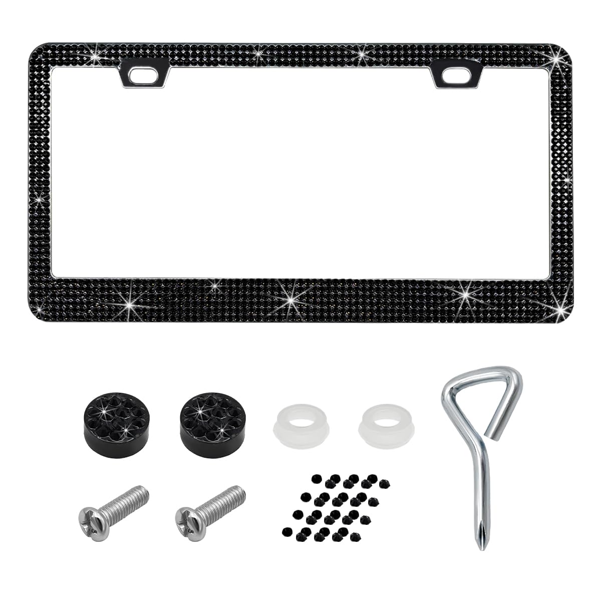 DXNQ Bling License Plate Frame, Sparkly Rhinestone Diamond License Plate Cover with Crystal Screws Caps, Glitter Crystal Stainless Steel License Plate Holder for Women, Car Accessories (Black)