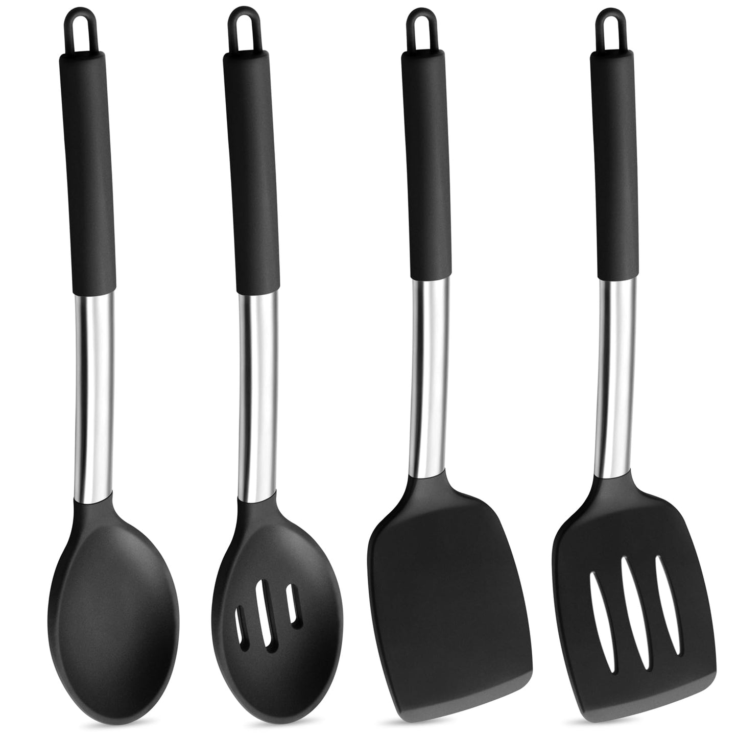 P&P CHEF Black Kitchen Cooking Utensil Set of 4, Silicone Solid Spatulas Slotted Spoons Turners for Non-stick Cookware Flipping Mixing, Heat-proof