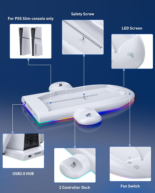 OLCLSS Stand for PS5 Slim with Cooling Fan & RGB Lighting, Compatible with Regular and Elite Controller Charging, for PS5 Slim Console Only, Not for Other