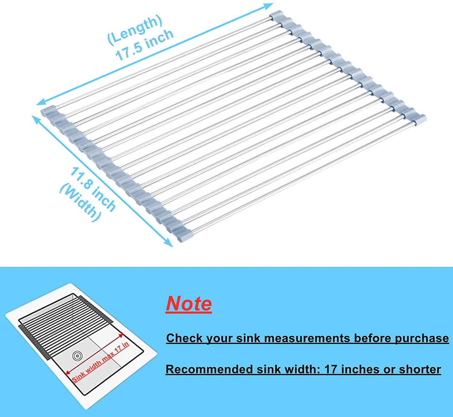 Seropy - Escurridor de platos enrollable para colocar sobre el fregadero, escurridor de platos con ruedas para cocina, escurridor de platos plegable de acero inoxidable para encimera de fregadero de cocina, 17,5 x 11,8 pulgadas