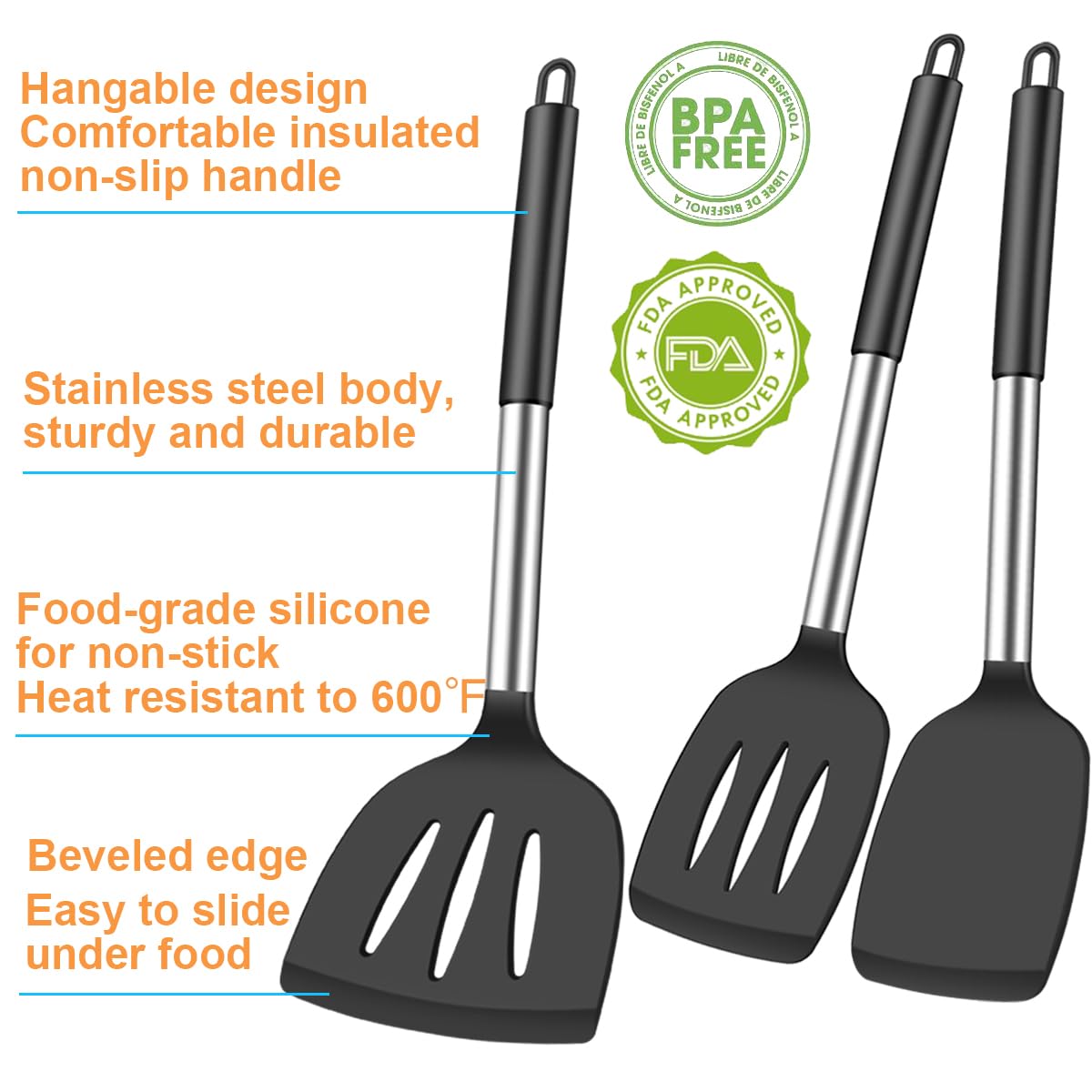 KLAQQED 3Pcs Spatula Silicone Spatula Turner Set Fish Spatulas Silicone Heat Resistant Spatulas for Nonstick Cookware Rubber Wok Spatula, Long Large Spatula Silicone Cooking Use Kitchen Utensils Set