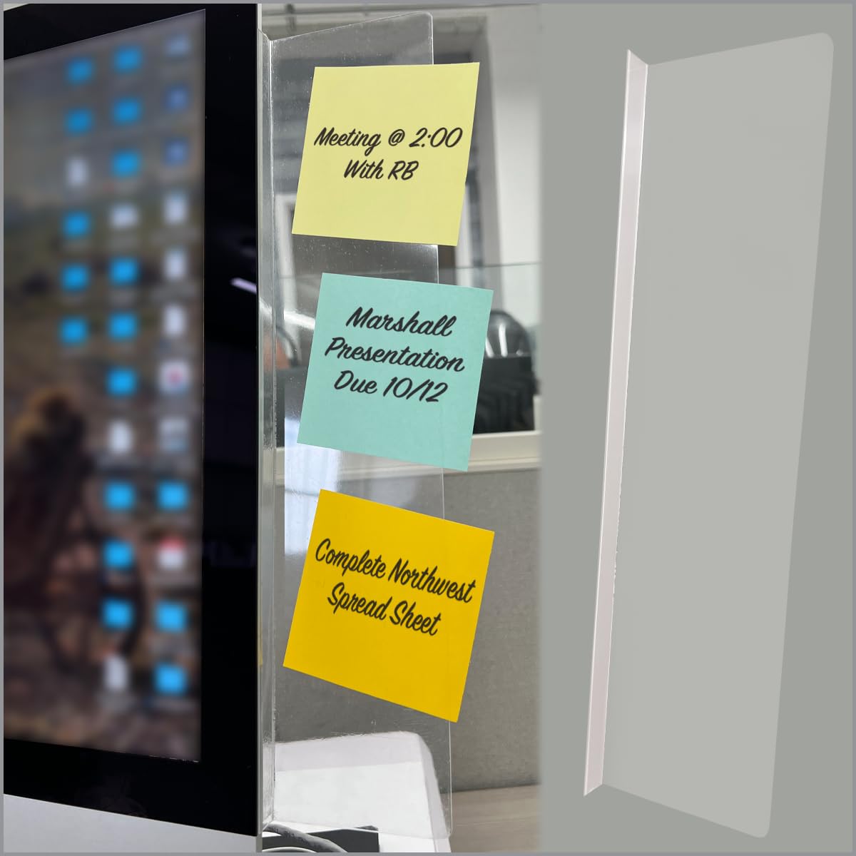 Computer Monitor Memo Board Sticky Note Holder, Semi-Transparent Flexible PVC, Monitor Adhesive Message Boards, Desk Accessories & Workspace Organizers, 12" L x 3" W, Non-Acrylic, 2 Pack