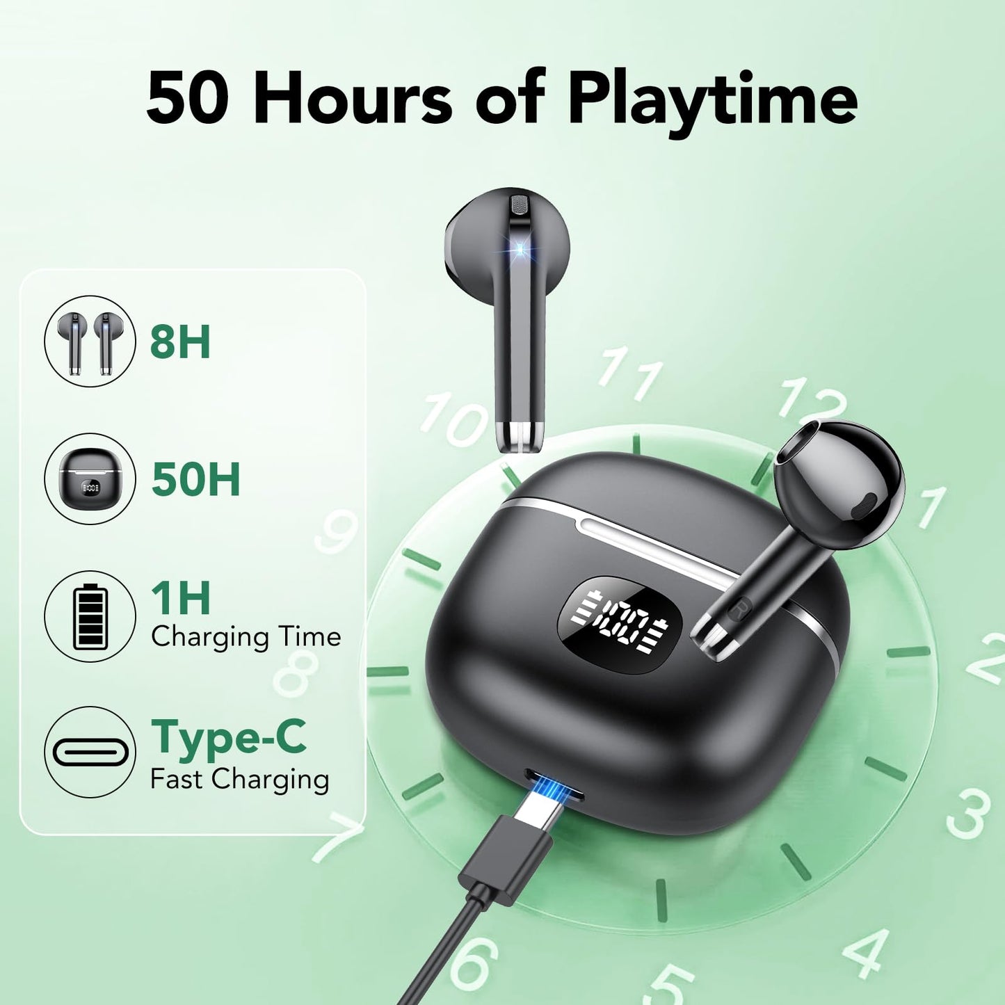 Wireless Earbuds, Bluetooth Headphones 5.3, 50H Playtime LED Display Deep Bass Ear Buds with 4 ENC Noise Cancelling Mic, IP7 Waterproof in-Ear Earphones for Phone Tablet Laptop Sports