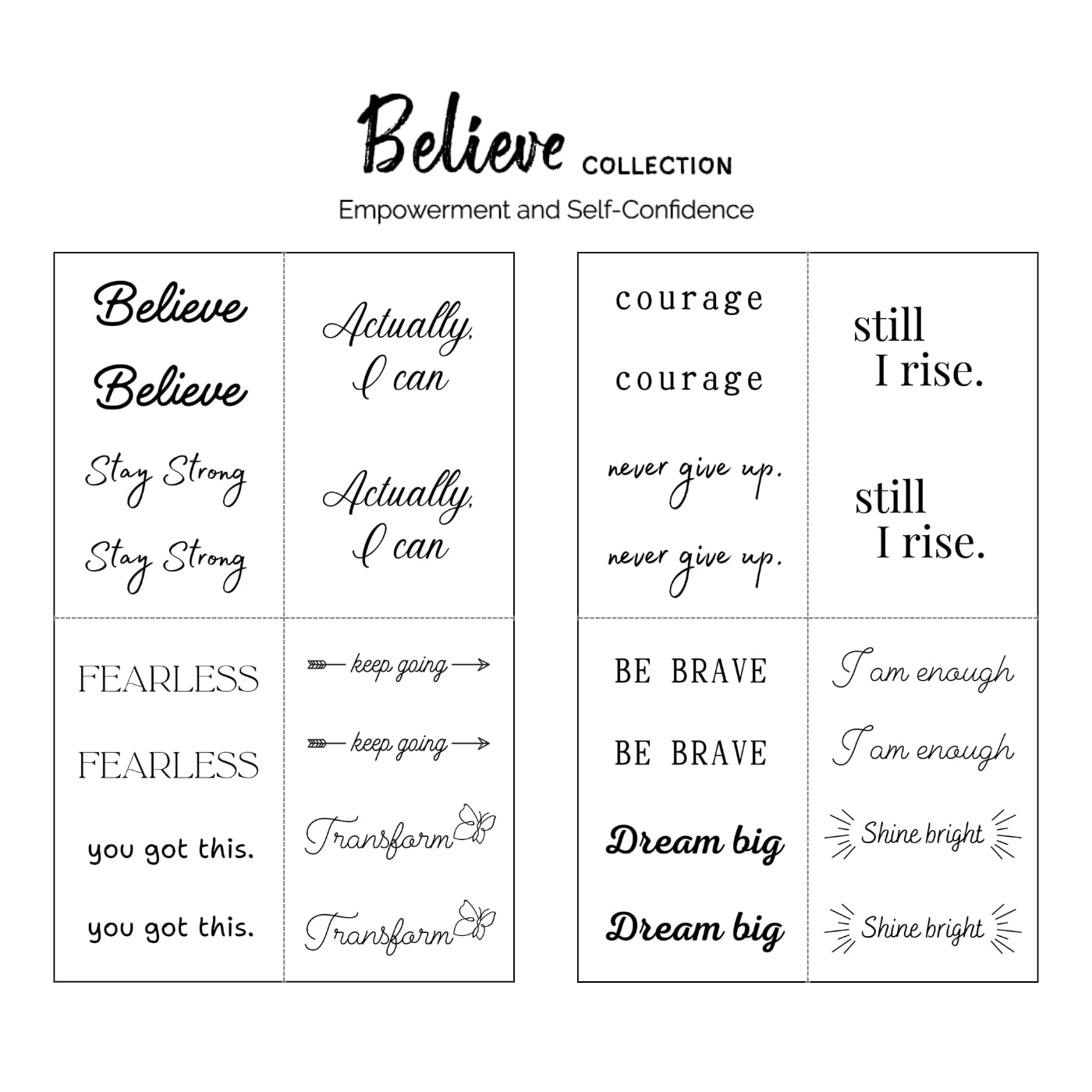 One Grace Believe Collection - Inspirational and Motivational Words Small Temporary Tattoos - Realistic Long Lasting Waterproof Black Mini Tattoos for Women and Men