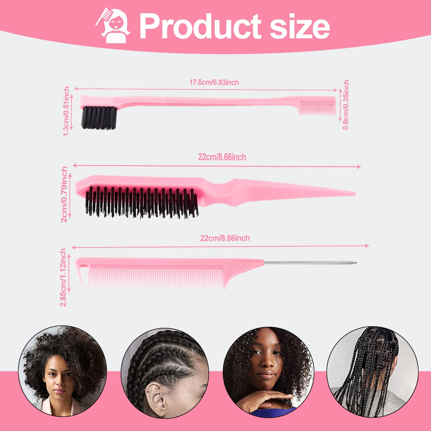 SWEET VIEW 3 Pcs Slick Back Hair Brush with Rat Tail Comb, Edge Brush, Bristle Brush, Teasing Brush Set for Sleek Ponytail/Bun, Edge Control and Smoothing Baby Hair & Flyaways - Pink