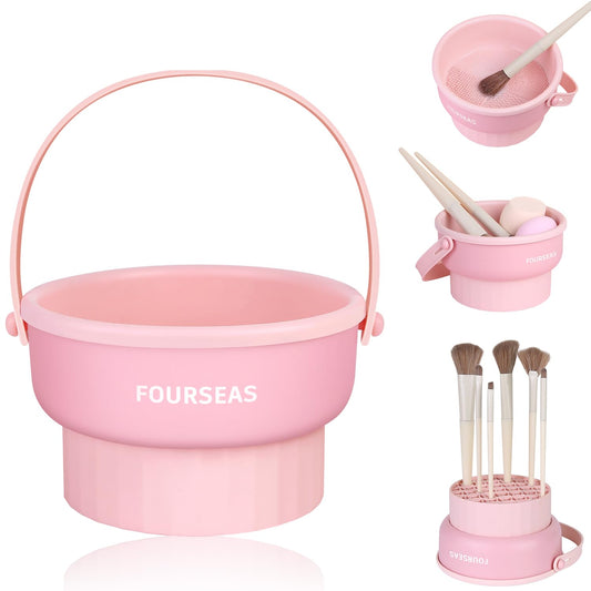 FourSeas 3-in-1 Makeup Brush Cleaner, Mutifunction Silicone Makeup Brush Cleaning Mat Bowl, Cosmetic Brushes Holder Cleaning Tool Organizer for Storage & Air Drying(Pink)