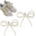 2 pcs Pearls Bowknot Shoe Decoration Charms for Sneakers Dress Shoes Elegant Buckle Pearl Beaded Chain for Women DIY Shoe Lace Charms Shoe Accessories for Wedding Gift (White)