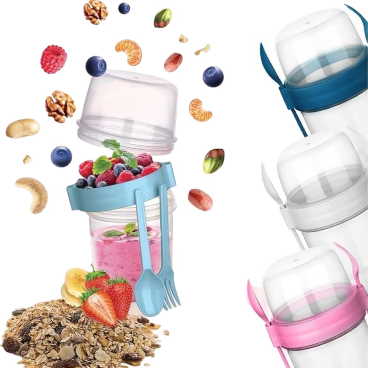 QUASLEQ 4-Pack Yogurt Parfait Cups - with Lids and Spoons - Reusable Yogurt Containers for On-the-Go - Portable Yogurt Cups with Topping Storage - Ideal for Oatmeal and Breakfast Prep (22 oz-650 Ml)