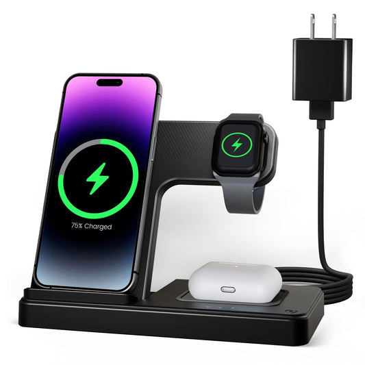 Wireless Charger iPhone Charging Station: 3 in 1 Charger Stand Multiple Devices for Apple - iPhone 16 15 14 Pro Max 13 12 11 - Watch 10 9 8 7 6 5 4 3 2 SE and Ultra Series - Airpods 4 3 2 Pro