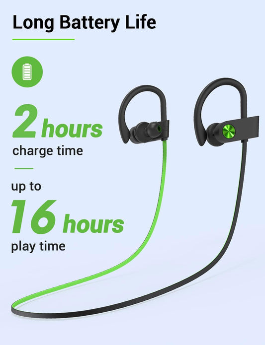 Stiive Bluetooth Headphones, 5.3 Wireless Sports Earbuds IPX7 Waterproof with Mic, Stereo Sweatproof in-Ear Earphones, Noise Cancelling Headsets for Gym Running Workout, 16 Hours Playtime - GreenBlack