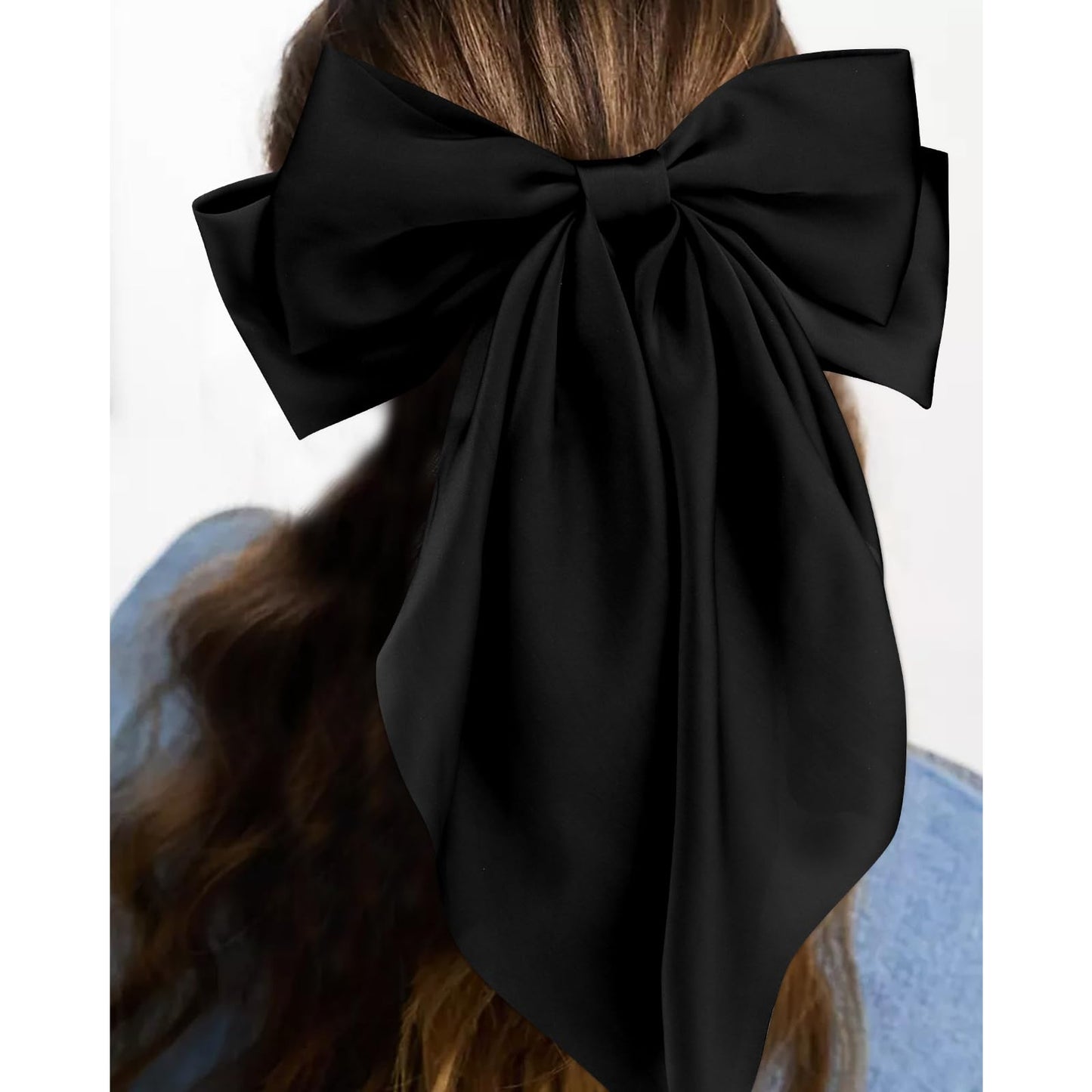 Velscrun 3Pcs Women's Hair Accessories Gifts: White, Black, and Khaki Oversized Satin Hair Bows with Long Tails, Barrettes, and Clips for Girls