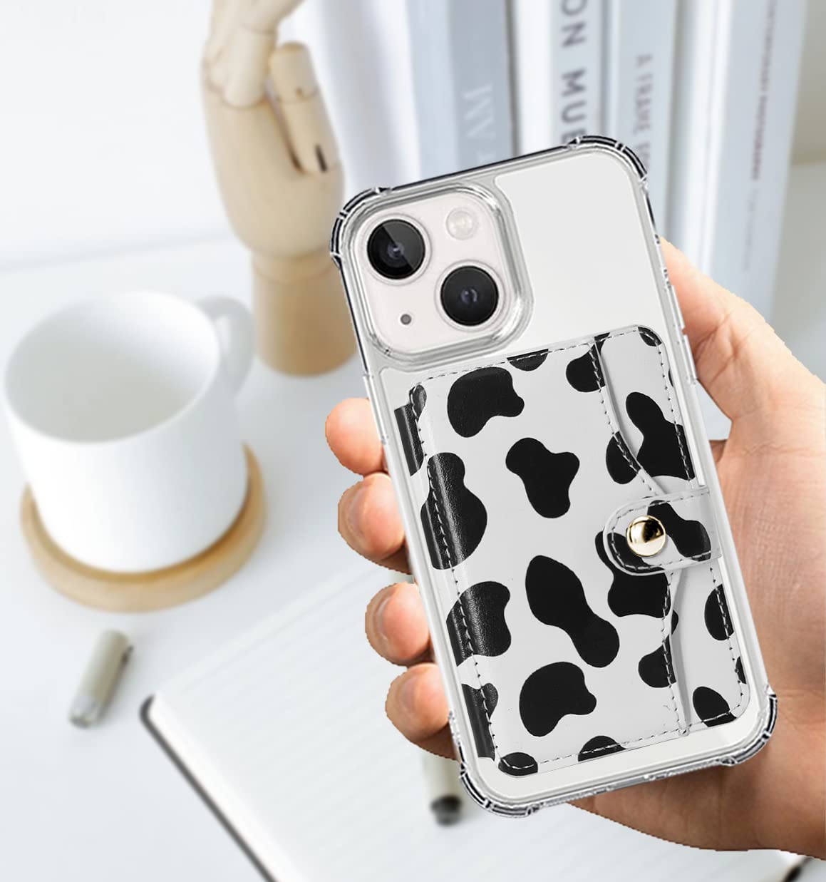 M-Plateau Phone Card Holder, Stick On with Snap Closure 3M Adhesive Leather Phone Wallet Work with iPhone 14 Case and Most Smartphones (Cow Print)