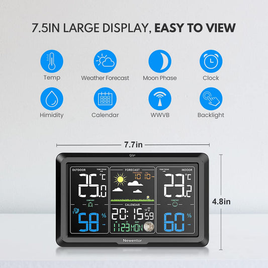 Station météo Newentor sans fil pour intérieur et extérieur, thermomètre intérieur et extérieur sans fil, stations météo domestiques de 7,5 pouces avec horloge atomique, jauge de température et d'humidité, prévisions météorologiques et baromètre, noir